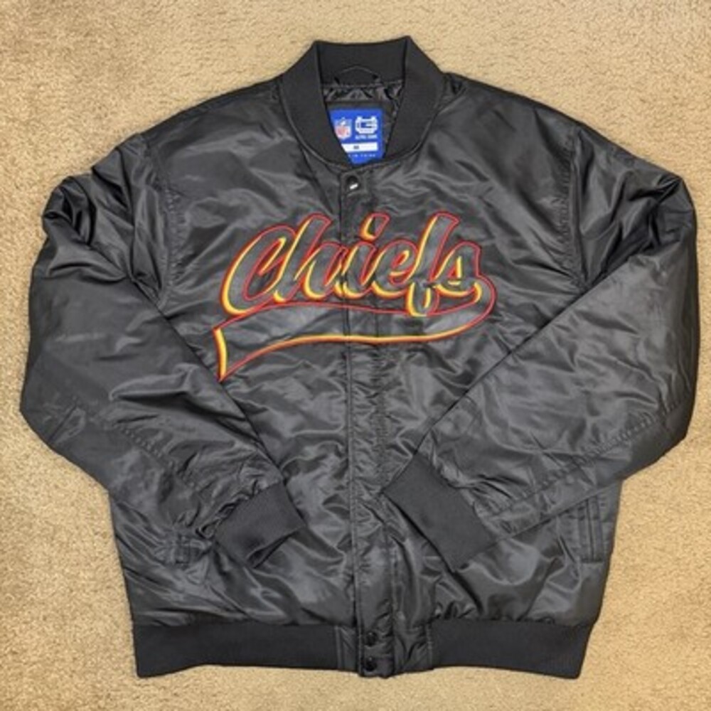 Kansas City Chiefs Adult NFL Ultra Game Satin Bomber Jacket Black Size M NWT